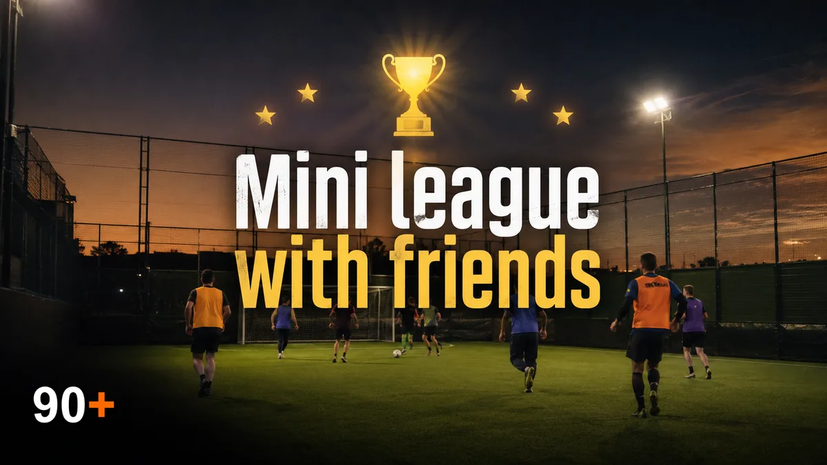 Friends playing football in the evening on a floodlit pitch - the symbol of the mini league with your group in 90+