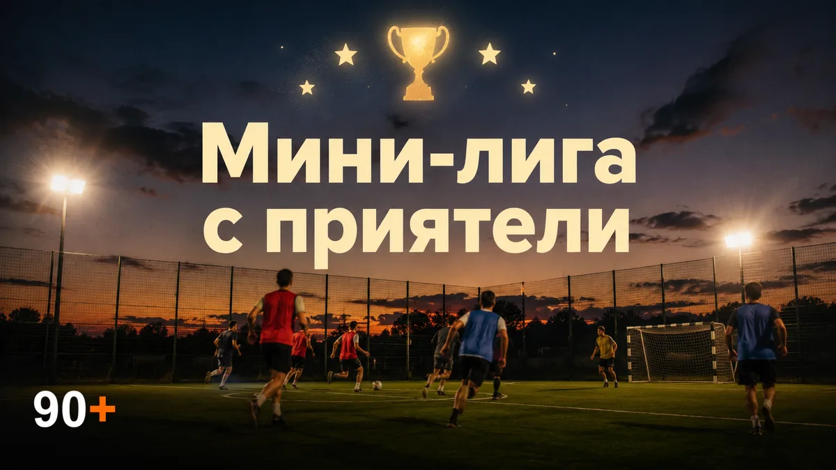 Приятели играят футбол вечер на осветено игрище - символ на мини-лигата с компанията в 90+