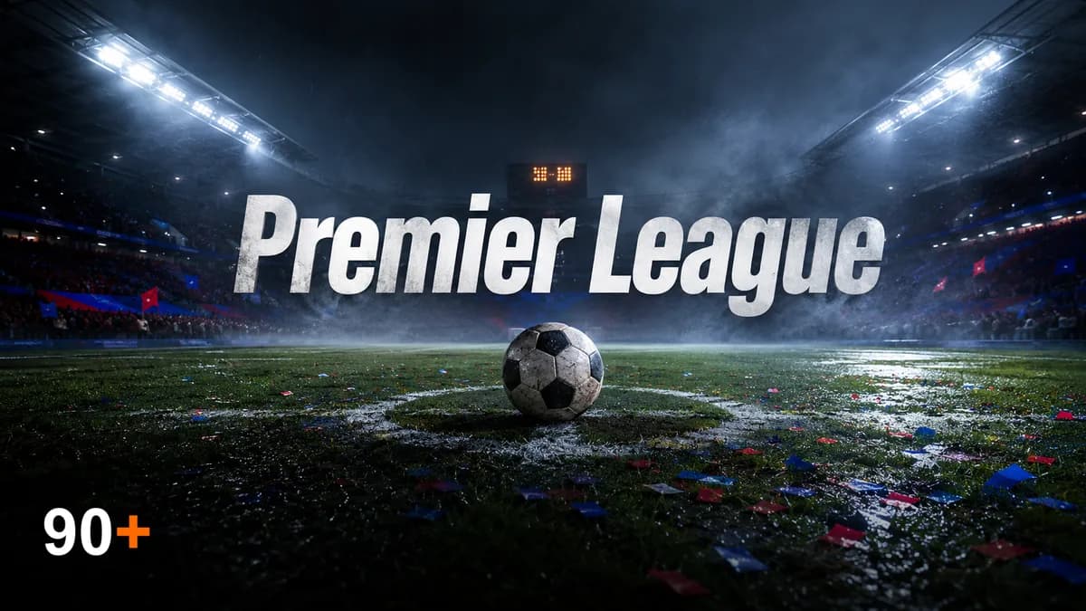 A football on the centre spot of a wet English stadium at night - the symbol of the unpredictable Premier League