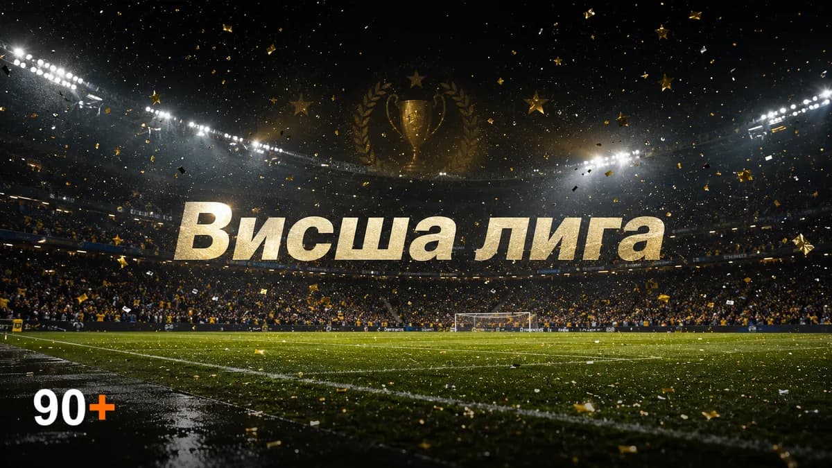 Футболна топка на центъра на мокър английски стадион нощем - символ на непредвидимата висша лига на Англия